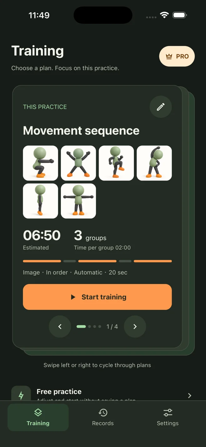 Training Prompt 1.7 home screen with a movement sequence and six exercise cues