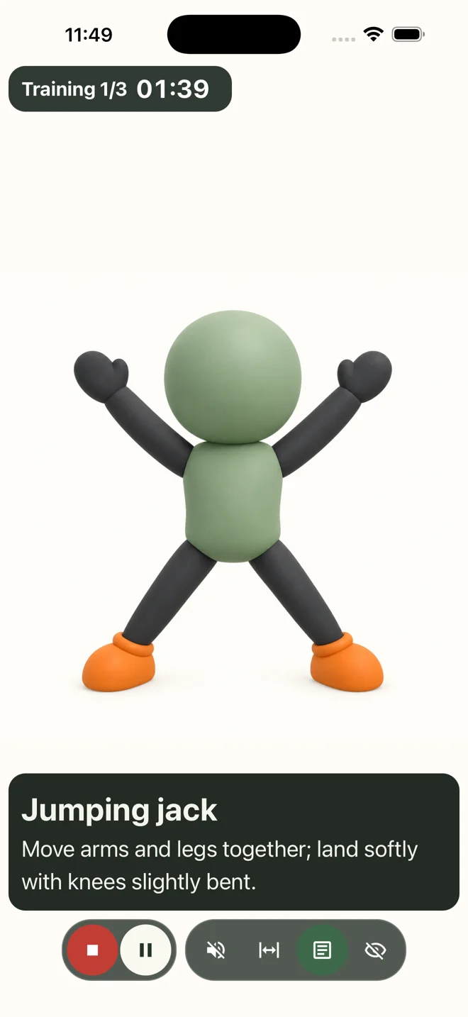 Version 1.7 training screen showing a jumping jack cue
